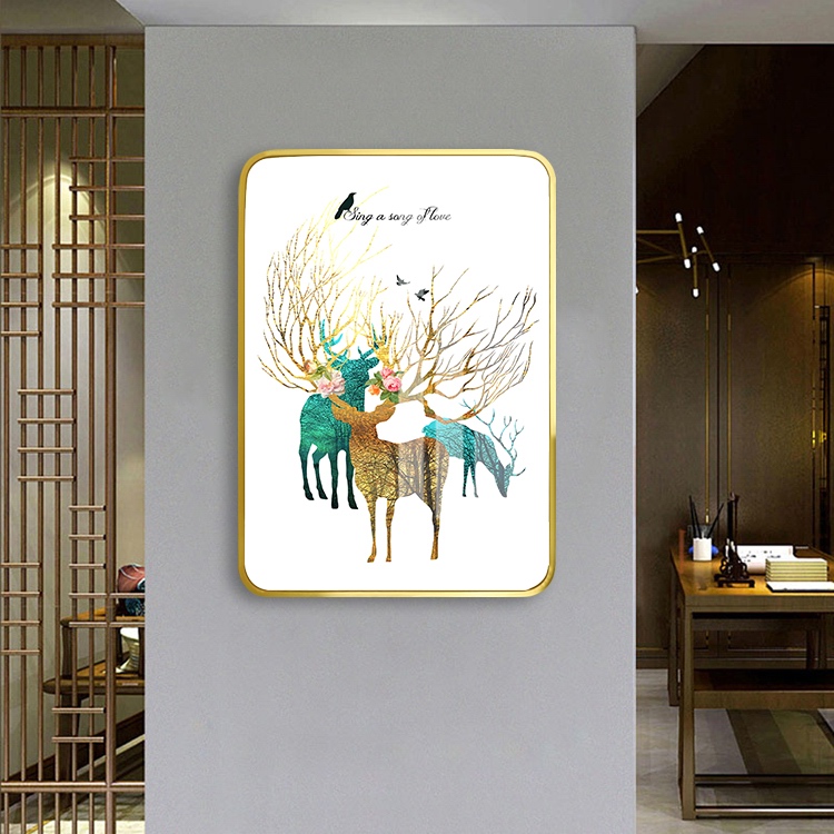 现代小清新麋鹿动物圆角四边形餐厅背景墙挂画北欧客厅沙发装饰画
