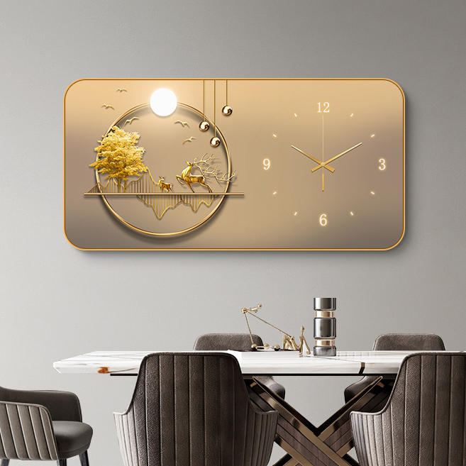 新中式餐厅装饰画鹿餐桌墙面带钟表挂画免打孔钉轻奢客厅时钟壁画
