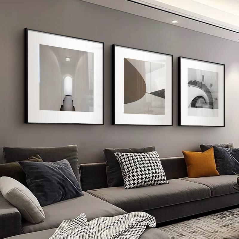 现代简约客厅装饰画三联沙发背景墙轻奢高档抽象黑白灰色餐厅挂画