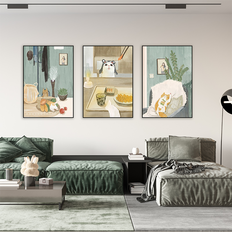 卡通动物猫咪装饰画北欧温馨客厅卧室餐厅挂画小孩房间背景墙壁画