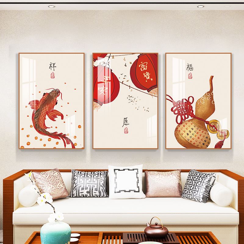 新中式客厅装饰画沙发背景墙挂画三联画现代简约饭厅墙画餐厅壁画