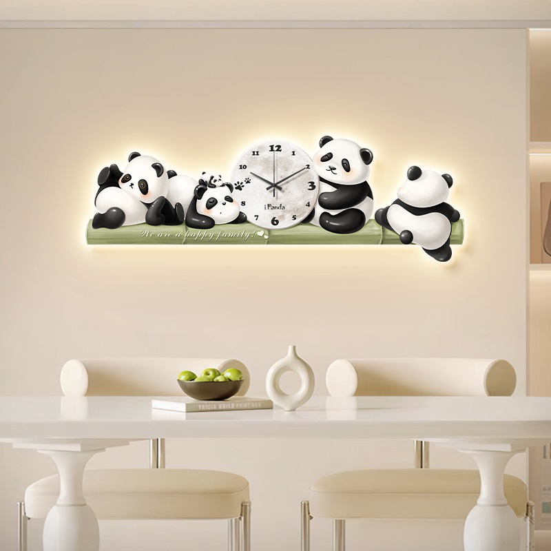 奶油风客厅沙发装饰画带挂钟熊猫儿童房挂画电视机背景墙壁画餐厅