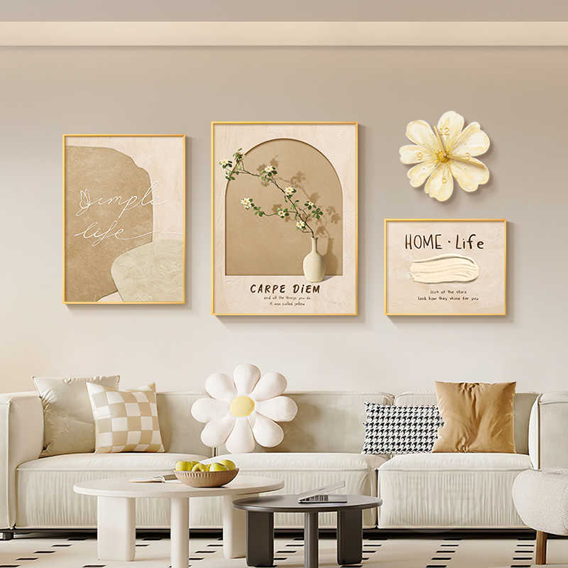 奶油原木风客厅装饰画小清新沙发背景墙挂画花卉钟表餐厅组合壁画