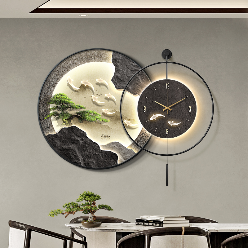 现代轻奢餐厅装饰画带钟表创意九鱼图饭厅挂画高档客厅背景墙壁画