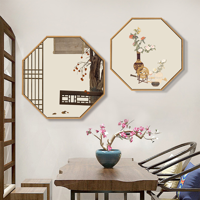 新中式玄关装饰画八边形餐厅古典花鸟过道壁画客厅茶室背景墙挂画
