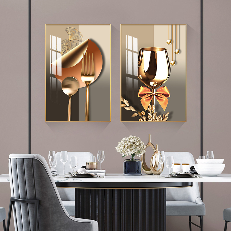 现代简约餐厅装饰画酒杯饭厅壁画客厅两联画轻奢挂画免打孔晶瓷画