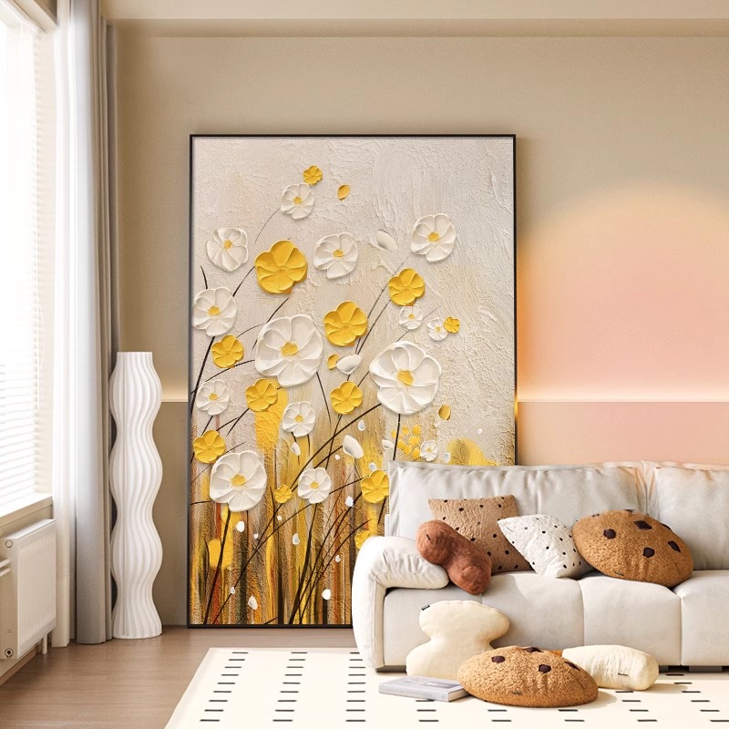 2024新款黄色花奶油风客厅装饰画卧室床头挂画落地画法式餐厅壁画