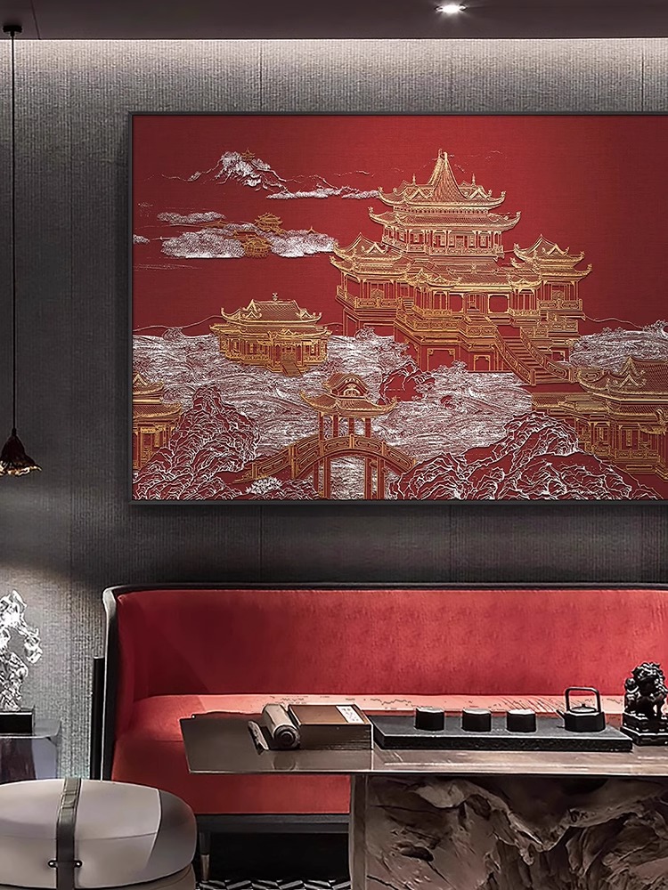 新中式餐厅背景墙装饰画立体浮雕酒店饭厅高级感大气壁挂画客厅
