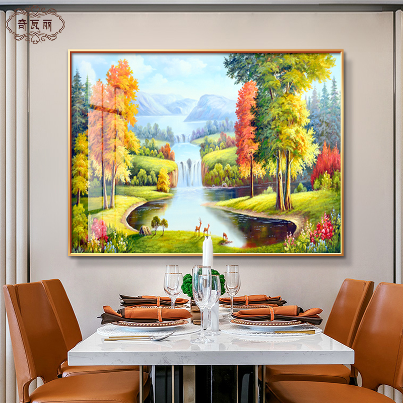 饭厅餐厅装饰画高端大气山水风景手绘油画客厅背景墙壁画餐桌挂画