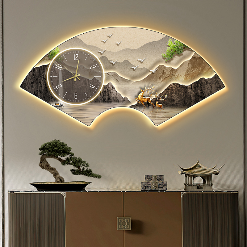 新中式led发光山水画餐厅装饰画入户玄关挂钟客厅背景墙扇形壁灯