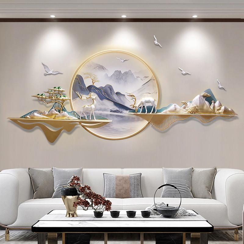 新中式3d立体客厅装饰画沙发背景墙挂画墙面装饰带灯山水餐厅壁画