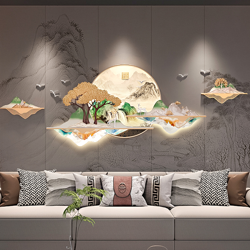 新中式大气客厅装饰画沙发背景墙浮雕轻奢发光餐厅立体山水壁挂画