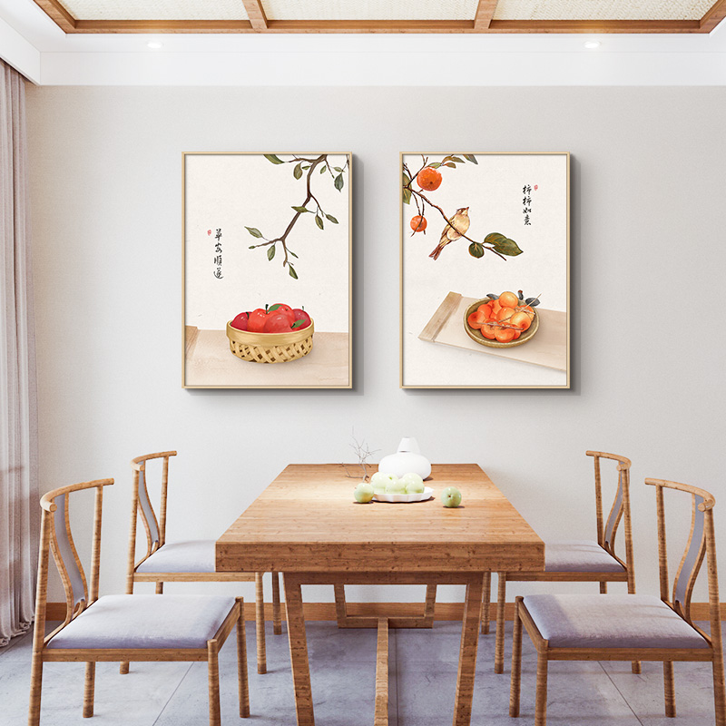 秋柿子日式餐厅装饰画饭厅新中式玄关挂画原木风餐桌简约客厅壁画