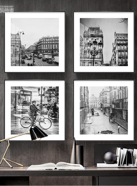法国巴黎复古老照片挂画黑白街道装饰画客厅书房玄关酒店餐厅挂画