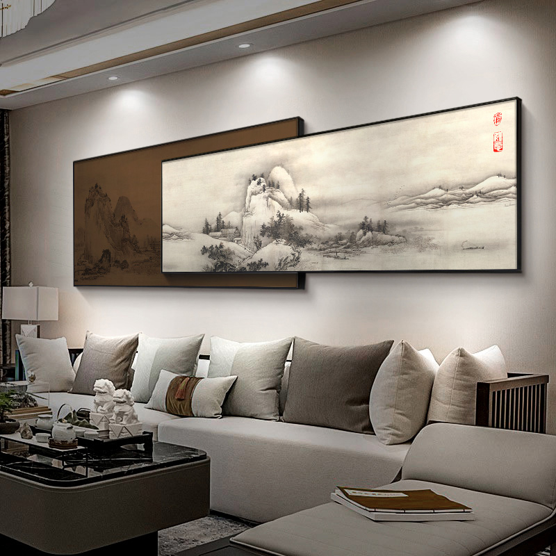 新中式客厅沙发背景墙装饰画大气千里江山图山水国画餐厅茶室壁画