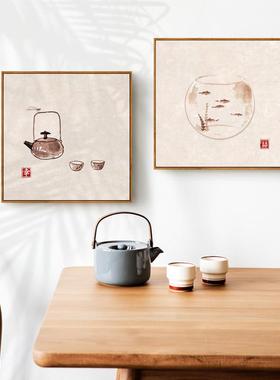 小幅茶室背景墙挂画日式原木风餐厅客厅装饰画新中式禅意水墨壁画