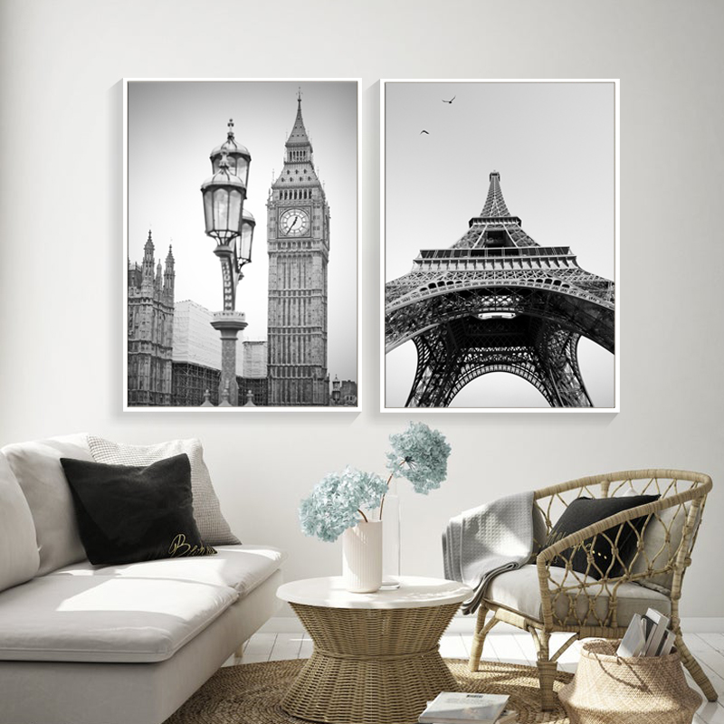 黑白建筑装饰画客厅背景墙北欧现代简约餐厅组合壁画巴黎风景挂画