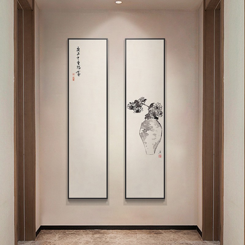 新中式入户玄关装饰画客厅楼梯走廊过道壁画餐厅茶室竖版花鸟挂画