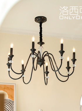 洛西可 全铜法式摩登蜡烛吊灯 美式轻奢现代黑色客厅卧室餐厅灯饰