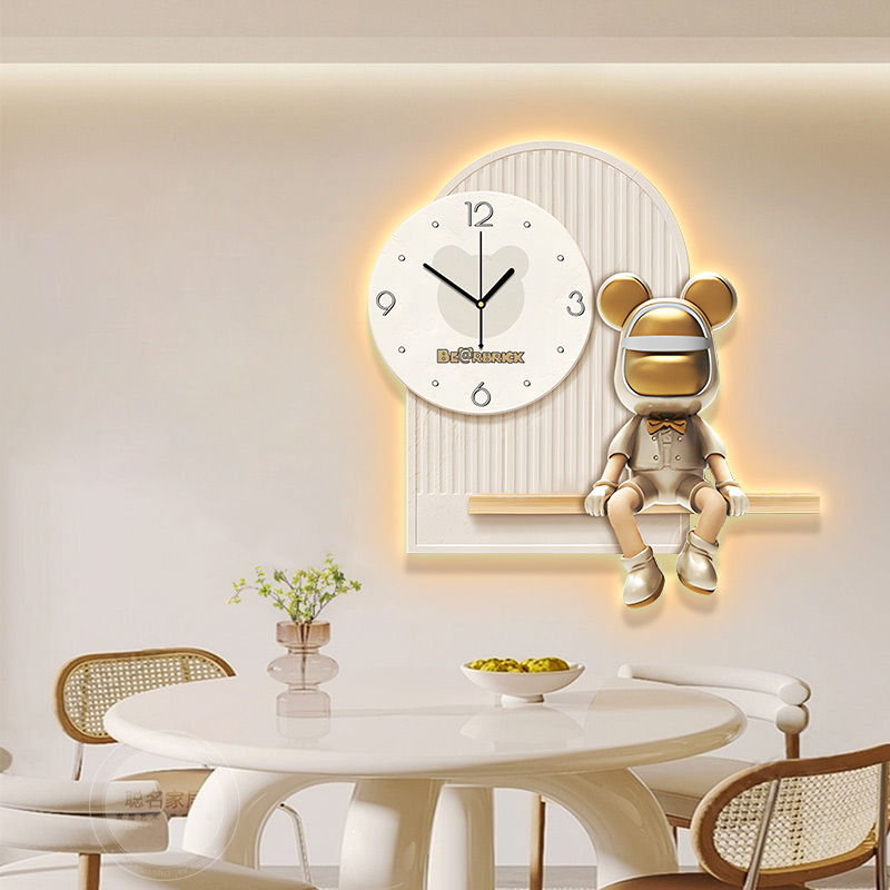 奶油风餐厅装饰画治愈系带钟表挂画客厅创意壁灯画沙发背景墙壁画