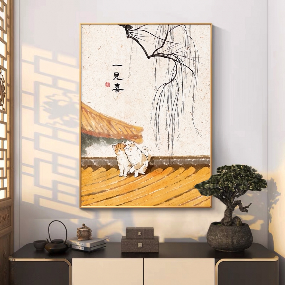 新中式客厅装饰画平安如意猫咪壁画中国风禅意寓意好餐厅玄关挂画