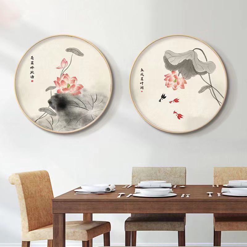 新中式禅意荷花客厅装饰画茶室卧室床头壁画餐厅玄关走廊圆形挂画