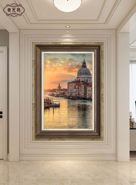 欧式威尼斯建筑挂画客厅装饰画走廊竖版油画风景画餐厅复古风壁画