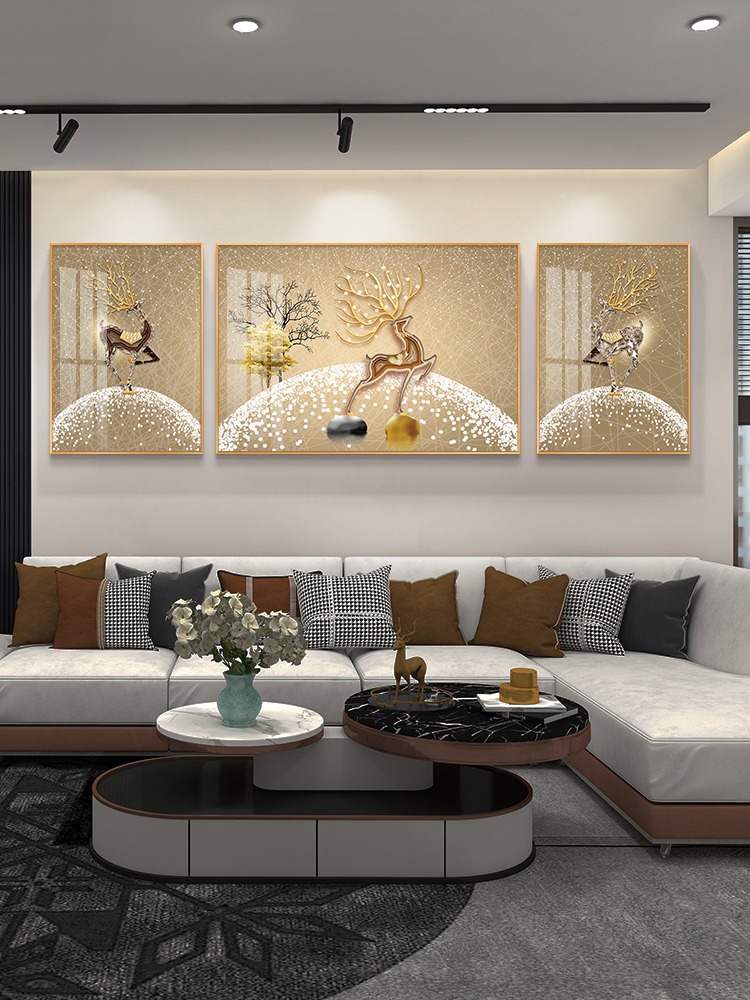客厅装饰画沙发背景墙挂画现代轻奢简约餐厅壁画麋鹿三联画晶瓷画
