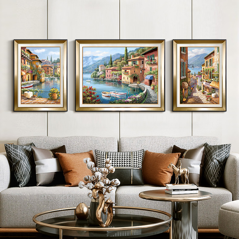 欧式轻奢手绘油画客厅餐厅沙发挂画优美风景画别墅横版三联墙壁画