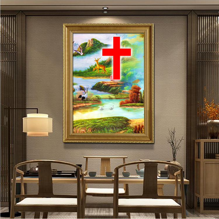 销现代客厅装饰画新中式十字架图型挂画入户玄关墙上画餐厅卧室壁