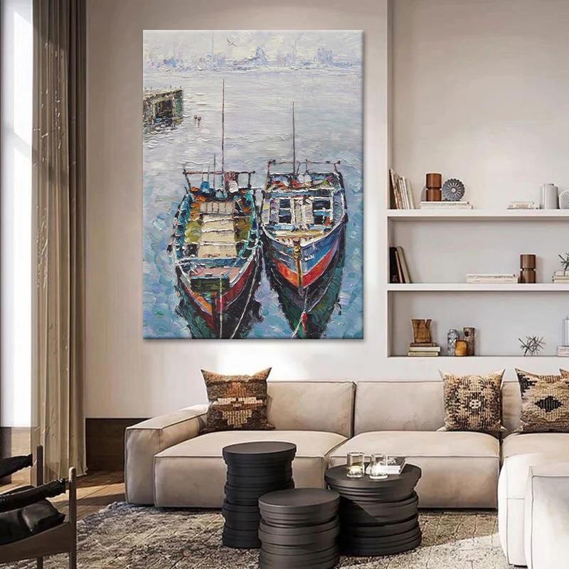 客厅纯手绘帆船海景肌理油画玄关餐厅沙发抽象竖版大芬村装饰挂画