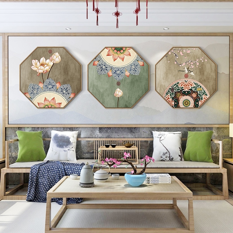 新中式茶室玄关禅意走廊客厅背景墙过道餐厅八边中国风装饰画网红