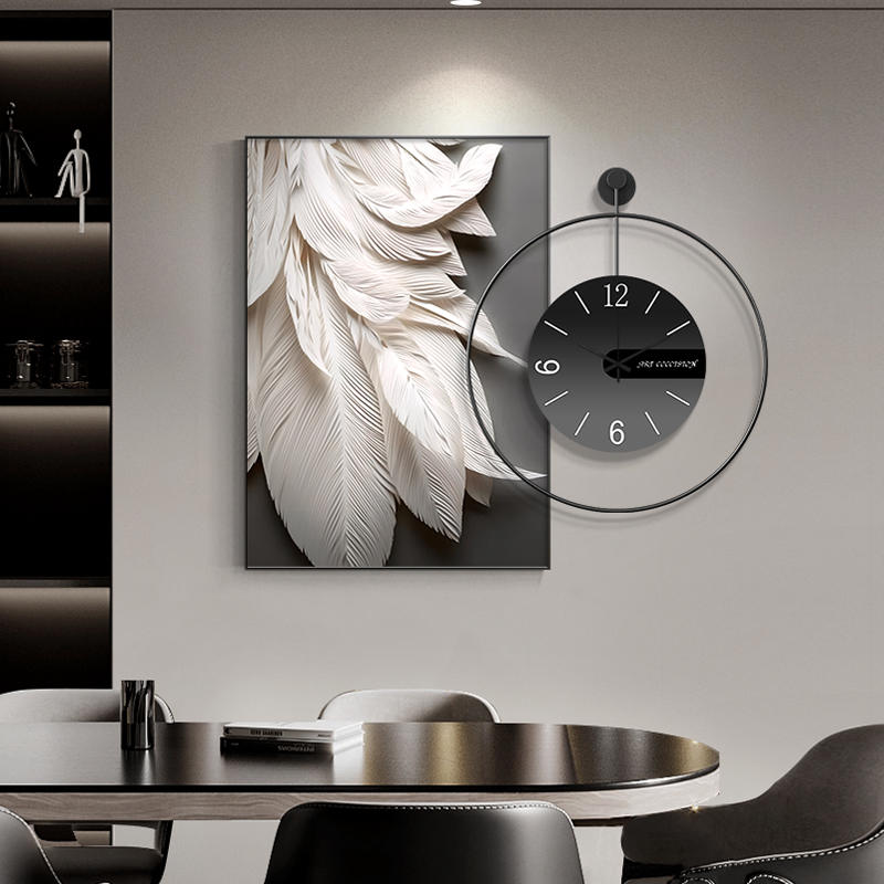 现代轻奢餐厅装饰画抽象羽毛客厅创意钟表挂画简约高级感饭厅壁画