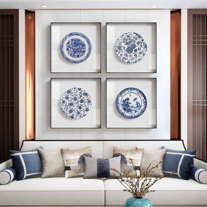 新中式客厅装饰画蓝色青花瓷家居玄关挂画中国风简约餐厅壁画