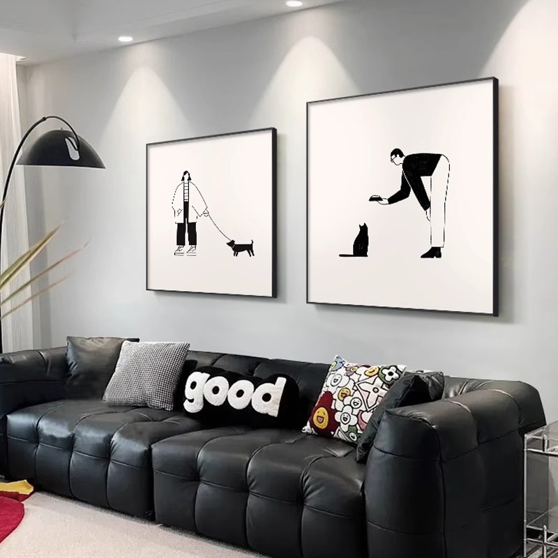 黑白招财猫正方形挂画现代简约沙发背景墙壁画抽象客厅餐厅装饰画
