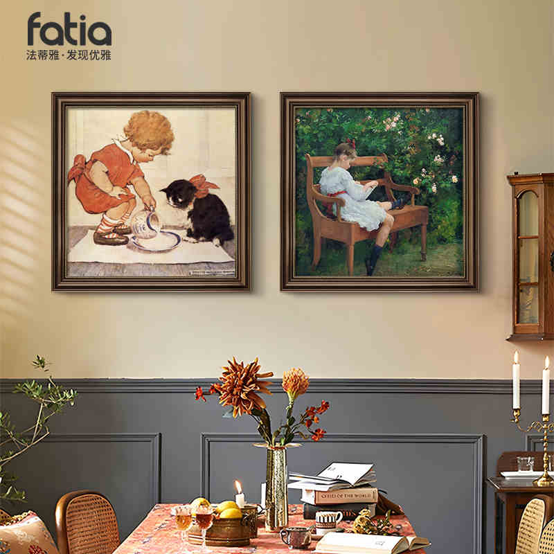 法式复古装饰画猫和女孩油画美式餐厅壁画玄关摆画客厅背景墙挂画