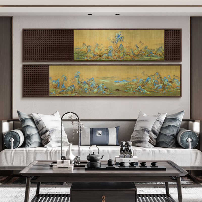 新中式客厅沙发背景墙装饰画山水风景立体画餐厅木雕肌理长条挂画