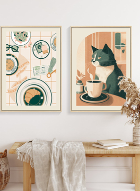 餐厅装饰画咖啡厅背景墙画客厅卧室壁画北欧现代简约卡通小猫挂画