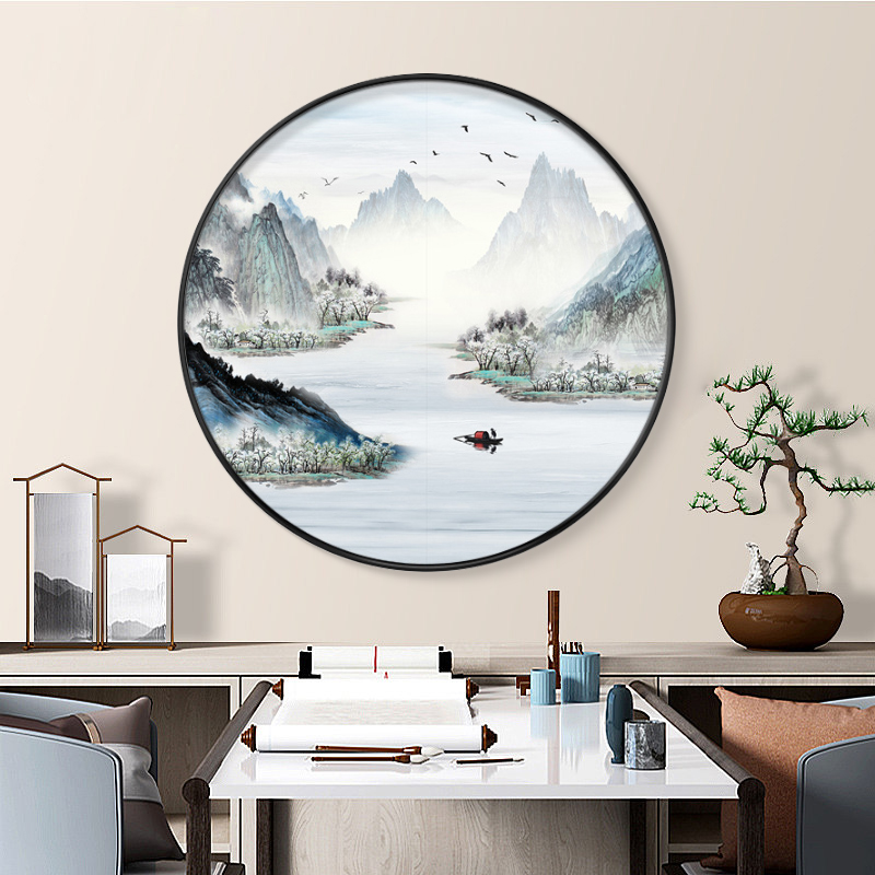 新中式装饰画禅意山水画玄关餐厅圆形挂画书房茶室背景墙客厅壁画