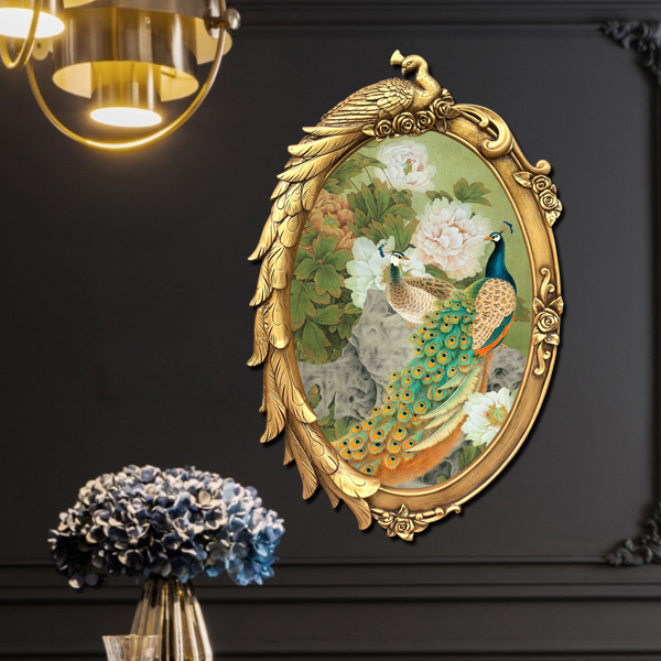 法式欧式复古孔雀花鸟壁炉墙面挂画玄关餐厅客厅椭圆雕花装饰画