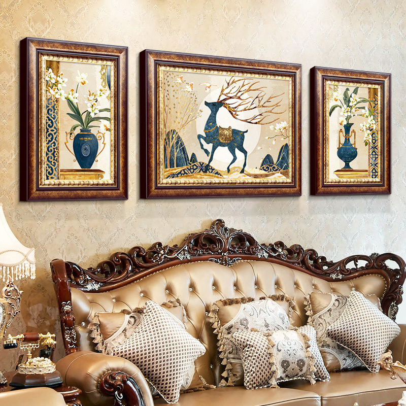 复古美式沙发背景墙装饰画欧式大气福鹿平安三联餐厅壁画客厅挂画