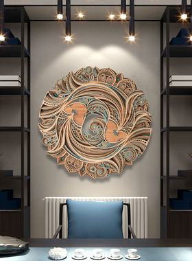 梯木叠雕新中式圆形墙面装饰客厅背景墙面装饰壁挂餐厅立体装饰画