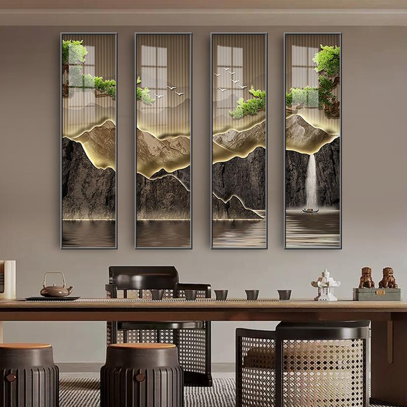 新中式客厅沙发背景墙装饰挂画玄关茶室餐厅迎客松四条屏中堂壁画