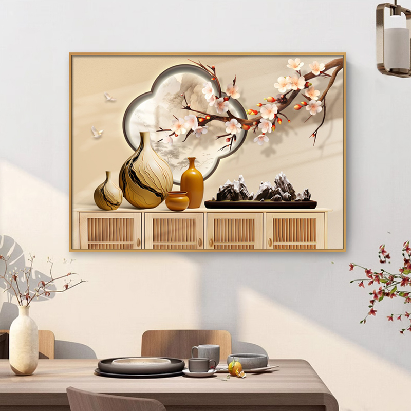 新中式餐厅装饰画现代侘寂风寓意好客厅茶室背景墙挂画高级感壁画