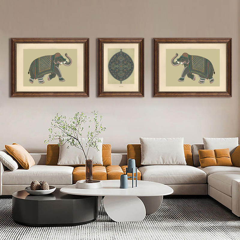 东南亚风格泰式挂画客厅沙发背景墙大象装饰画酒店餐厅三联画壁画