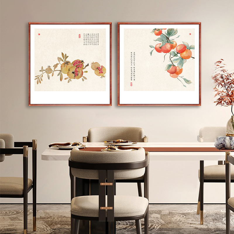原木风餐厅装饰画新中式客厅挂画沙发背景墙国画植物花鸟方形壁画