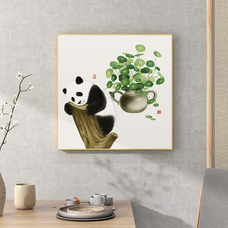熊猫萌兰挂画新中式餐厅装饰画可爱治愈系客厅背景墙面壁画中国风