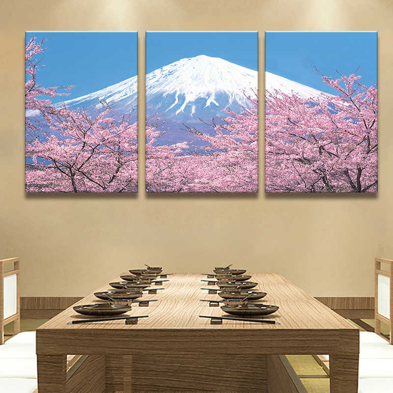 樱花富士山风景画客厅背景墙装饰画民宿酒店床头挂画日式餐厅壁画