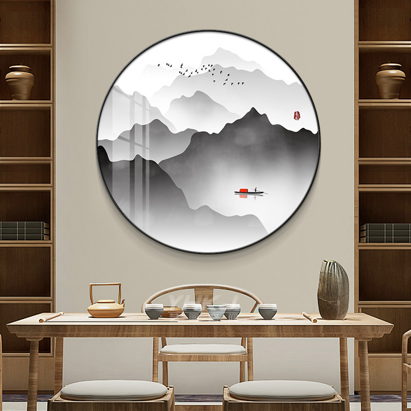 新中式客厅装饰画圆形山水画入户玄关背景墙挂画餐厅书房茶室壁画
