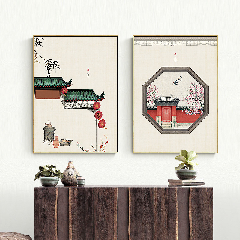 新中式古典建筑客厅装饰画餐厅茶室背景墙壁画民宿禅意挂画水墨画